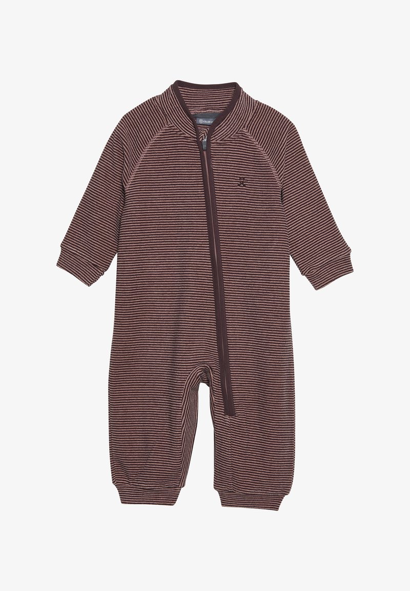 Combinaison zippée marron à rayures, manches longues avec poignets côtelés. Tissu doux avec un logo brodé sur la poitrine, conçue pour le confort.