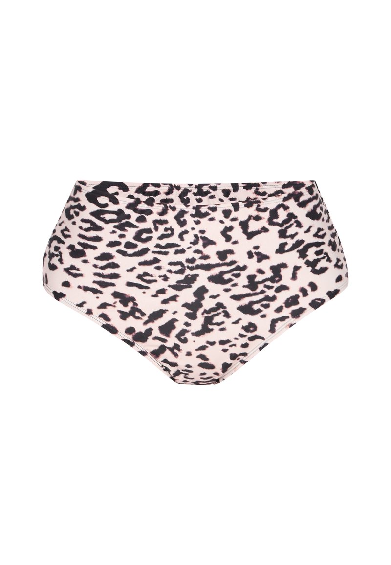 Világos rózsaszín, magas derekú fürdőnadrág fekete leopárdmintával. Puha, rugalmas anyagból készült, zökkenőmentes szélekkel a kényelem érdekében.