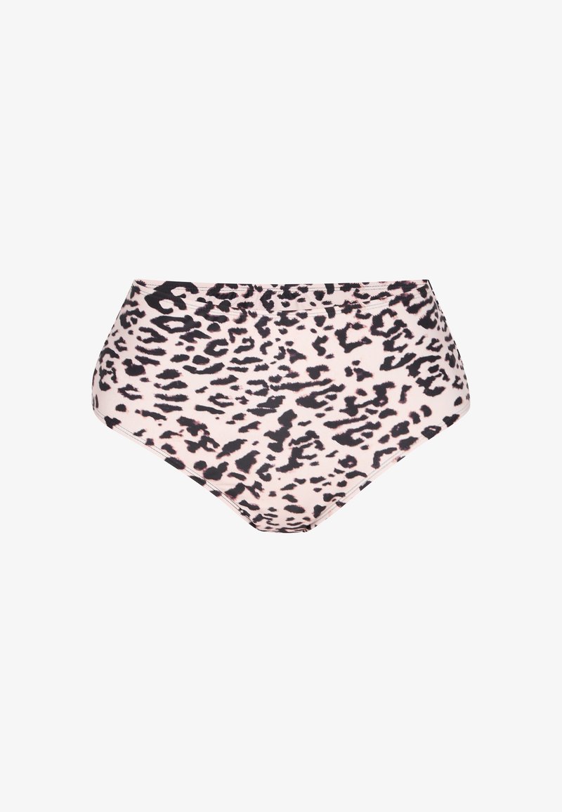 Chilot de bikini cu talie înaltă, în roz deschis, cu imprimeu leopard negru. Dispune de un material moale și elastic și margini fără cusături pentru confort.