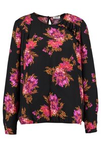 Blusa nera con maniche lunghe, caratterizzata da un accento arricciato e un vivace motivo floreale in rosa e arancione. Tessuto morbido con scollo rotondo.
