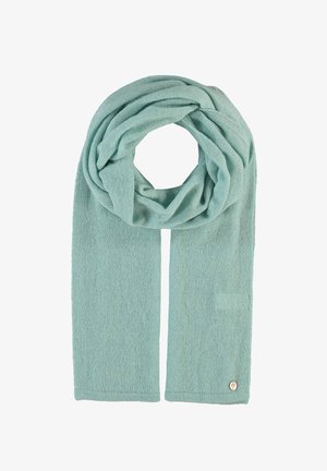 Sciarpa azzurra chiara realizzata in un morbido tessuto testurizzato, con un leggero motivo a maglia e una piccola accentatura con bottone brandizzato su un'estremità.