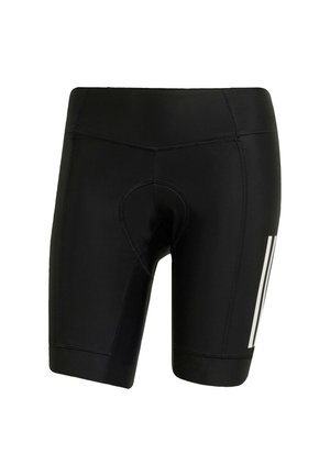 Black cycling shorts made of stretchy fabric. Features a padded seat, flatlock seams, and white vertical stripes on the left side.