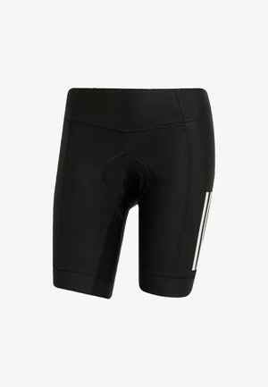 Sorte cykelshorts lavet af strækbart stof. Har en polstret sæde, flade sømme og hvide lodrette striber på venstre side.