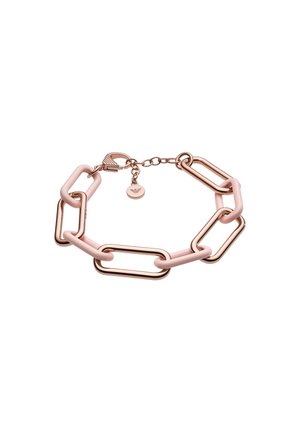 Armband mit abwechselnd großen roségoldenen und hellrosa rechteckigen Kettengliedern sowie einem kleinen runden Anhänger nahe dem Verschluss.