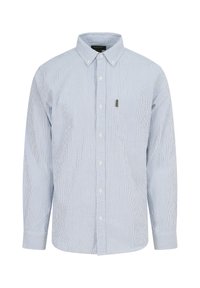 Blue and white striped button-up shirt made from cotton, featuring a classic collar, long sleeves, and a chest pocket with logo detail.