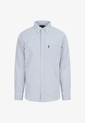 Blue and white striped button-up shirt made from cotton, featuring a classic collar, long sleeves, and a chest pocket with logo detail.