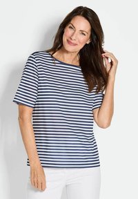 Marineblauwe en witte gestreepte t-shirt met korte mouwen, een ronde hals en een losse pasvorm, gemaakt van een zachte, lichte stof.