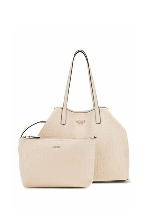 Borsa tote beige con design del logo impresso, dotata di due manici e di una tasca con cerniera removibile. Texture liscia con dettagli neri.