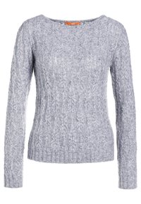 Vaalea harmaa neulepaita, jossa on pyöreä pääntie, pitkät hihat ja teksturoitu köysikuvio. Ribbaushelma ja hihansuut antavat rakennetta.