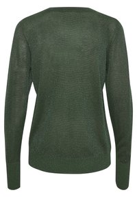 Pull en maille vert foncé à manches longues avec un col rond et un ourlet et des poignets côtelés, vu de dos.