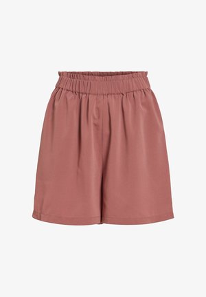 Visoko strukirane mauve kratke hlače s elastičnim naboranim pojasom i širokim otvorima nogavica, izrađene od glatkog tkanina.