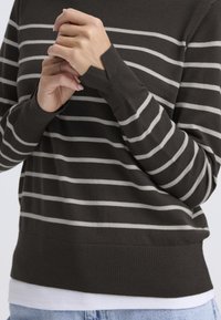 Temno rjav pleten pulover s sivimi črtami, rebrastimi manšetami in robom. Ima edinstven zarez na manšetah. Nošen prek bele plastene srajce.