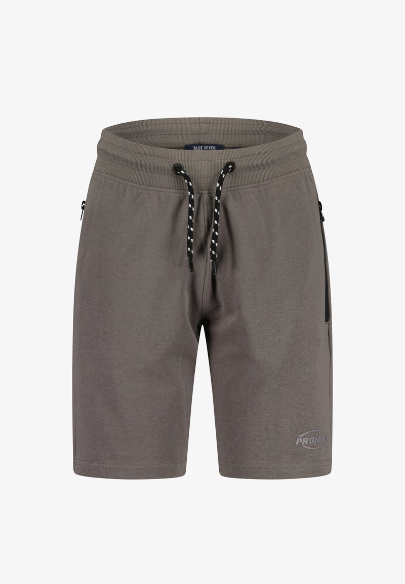 Shorts gris à cordon avec taille côtelée, cordons noirs et blancs, poches latérales zippées et petit logo sur la jambe gauche.