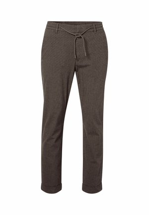 Braune leichte Hosen aus strukturiertem Stoff, mit Gummizug und aufgerollten Bündchen. Entworfen für eine lockere Passform, geeignet für Freizeitkleidung.