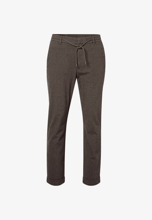 Braune leichte Hosen aus strukturiertem Stoff, mit Gummizug und aufgerollten Bündchen. Entworfen für eine lockere Passform, geeignet für Freizeitkleidung.