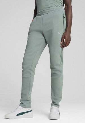 Mint-green sweatpants with an elastic waistband, side pockets, ribbed texture accents, and a small silver logo on the left thigh.