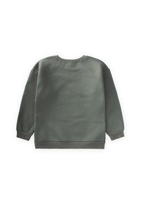 Grön bomullströja, rund hals, långa ärmar, ribbade mudd och nederkant, slät textur, inga synliga grafik eller mönster på baksidan.