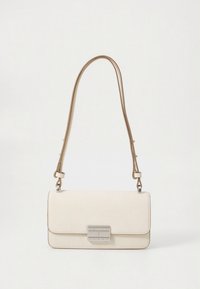 Rectangular cream leather shoulder bag with silver clasp and tan double straps set against a plain white background.
