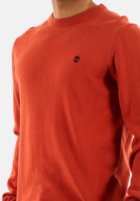 Pull rouge en maille avec un col rond, des manches longues et un petit logo noir sur la poitrine. Fabriqué en tissu doux et léger.