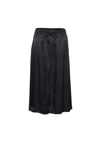 Jupe en satin noir avec une taille élastique et un lien de serrage, présentant une texture lisse et un design jusqu'aux chevilles. Pas de motifs ni d'accents.