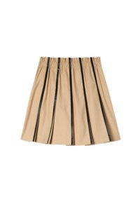 Beige hame pliszat dengan garis hitam horizontal, pinggang elastis, dan tekstur yang lembut. Panjangnya berada di atas lutut. Tanpa penutupan yang terlihat.