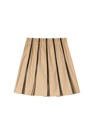 Gonna plissettata beige con strisce orizzontali nere, vita elastica e una texture morbida. Lunghezza che arriva sopra il ginocchio. Senza chiusure visibili.