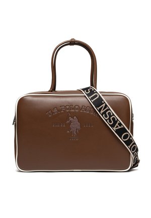 Borsa rettangolare marrone U.S. Polo Assn. con due manici, bordatura bianca, logo in rilievo e tracolla nera regolabile con nome del marchio.