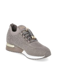 Gray knitted sneaker with metallic threads, gold lace tips, cushioned sole, and branded tongue detail, shown at a slight side angle.