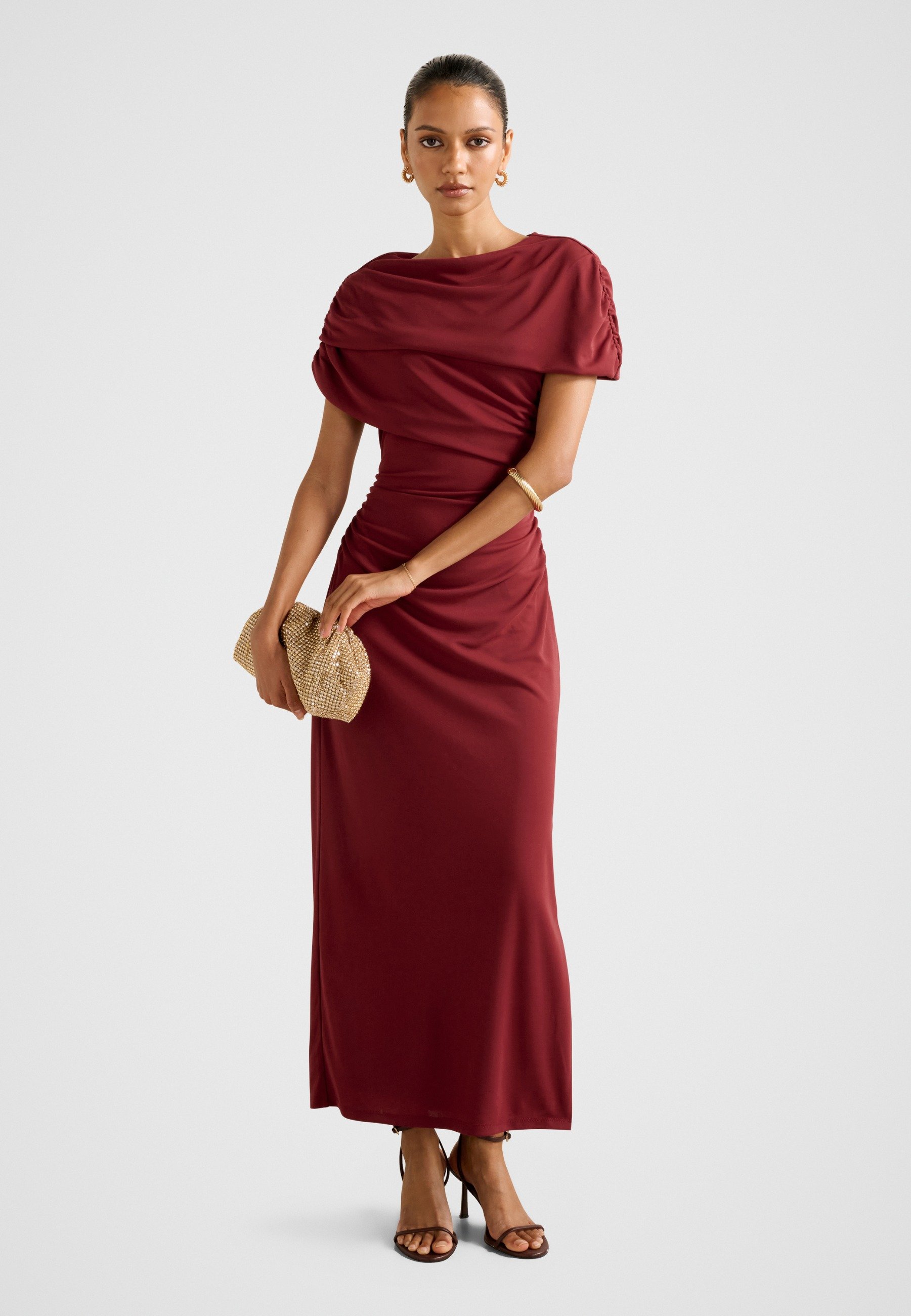 slim fit dress slacks Long Sleeves One Shoulder Gold Appliques Burgundy Prom Dresses main image 1