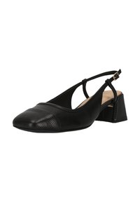 Chaussure à bride arrière noire avec un bout pointu, en cuir texturé à l'avant, corps en cuir lisse et petit talon carré. Sangle réglable avec boucle.