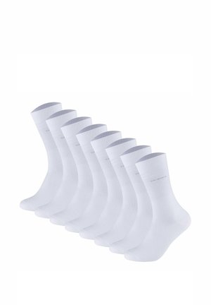 Acht Paar weiße Baumwollsocken mit glatter Textur, gerippten Bündchen und dezentem Branding an den Seiten. Standard Crew-Länge Design.