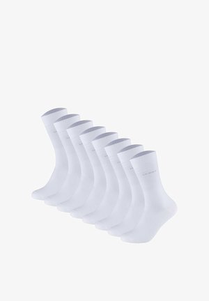 Acht Paar weiße Baumwollsocken mit glatter Textur, gerippten Bündchen und dezentem Branding an den Seiten. Standard Crew-Länge Design.