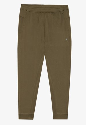 Olive green joggers with an elastic waistband, side pockets, and cuffed ankles; smooth, lightweight fabric with a subtle sheen.
