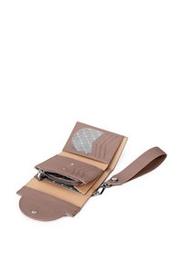 Compact wallet in soft, light taupe leather with a strap. Features a zippered compartment and card slots with subtle chevron pattern accents.