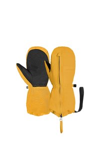 Gelbe Handschuhe mit einer schwarzen, strukturierten Handfläche. Verfügt über einen Reißverschluss auf einer Seite und einen verstellbaren Riemen. Hergestellt aus einem strapazierfähigen, wetterfesten Material.