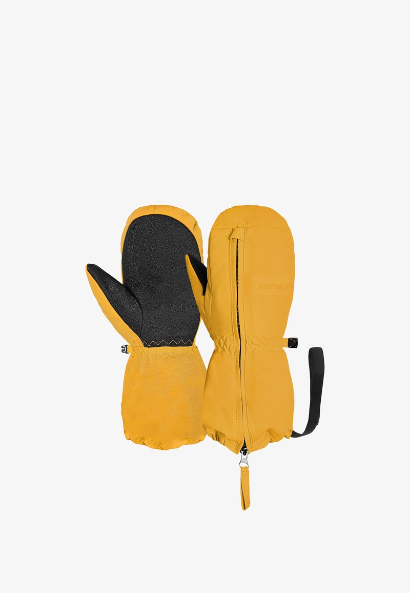 Gelbe Handschuhe mit einer schwarzen, strukturierten Handfläche. Verfügt über einen Reißverschluss auf einer Seite und einen verstellbaren Riemen. Hergestellt aus einem strapazierfähigen, wetterfesten Material.