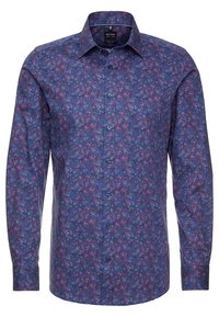 Koszula z długim rękawem z ciemnoniebieskiego materiału z kwiatowym wzorem w różowo-białe akcenty; kołnierzyk zapinany na guziki i guziki z przodu.