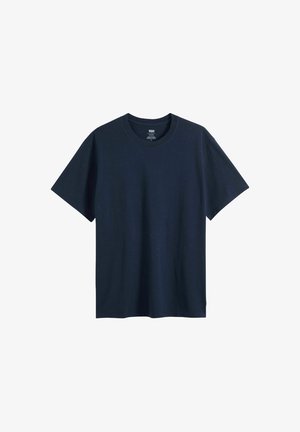 Navy blue cotton t-shirt with short sleeves, crew neck, and a relaxed fit. No patterns or accents present. Simple, clean design.