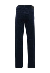 Navy corduroy broek met rechte pijpen, met een gladde textuur en een standaard ontwerp voor de achterzak. Inclusief verstelbare tailleband.