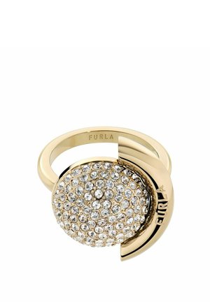 Anillo de Furla dorado con un grupo redondo de cristales transparentes y una banda parcial dorada grabada con "Furla".