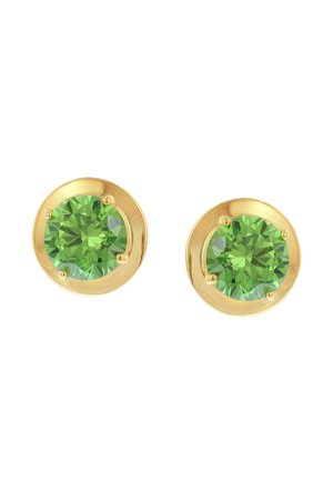 Gold stud earrings set with round bright green gemstones held by three prongs each on white background.