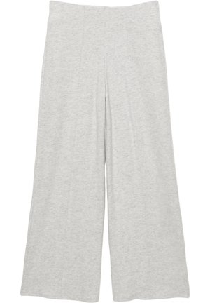 Jasnoszare spodnie o szerokich nogawkach wykonane z miękkiego, elastycznego materiału o gładkiej fakturze, z elastycznym pasem bez widocznych elementów metalowych.