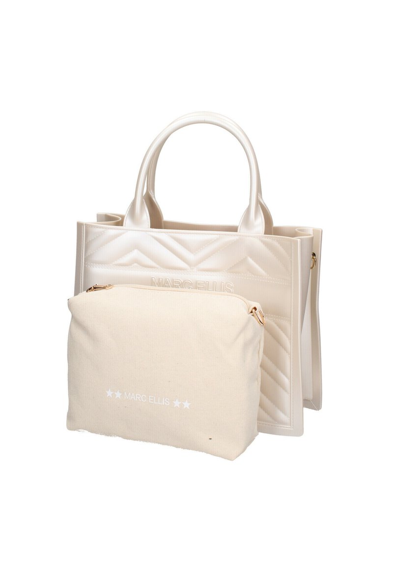 Borsa tote bianca trapuntata con due manici, dotata di una pochette in tela crema più piccola con zip e logo. Design texturizzato e accenti sottili.