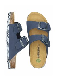 Navy blue sandals made of synthetic material, featuring two adjustable straps with metal buckles, cork footbed, and patterned rubber outsole.