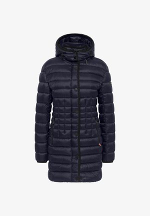 Marineblauwe pufferjas met capuchon, voorzien van een doorgestikt patroon, drukknopen aan de voorkant, zijzakken en contrasterende zwarte afwerking langs de rits.