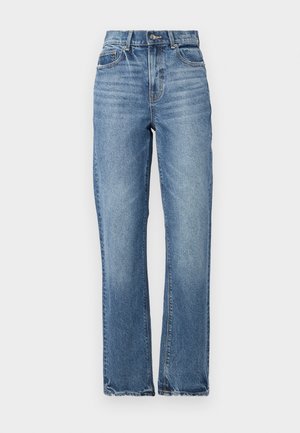 Blugi din denim albastru deschis cu talie înaltă, design cu picioare drepte, ușor decolorati și stil clasic cu cinci buzunare. Prezintă închidere cu buton din bronz.
