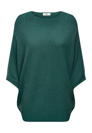 Pull en maille côtelée vert foncé avec col bateau large, coupe ample et manches chauve-souris courtes.