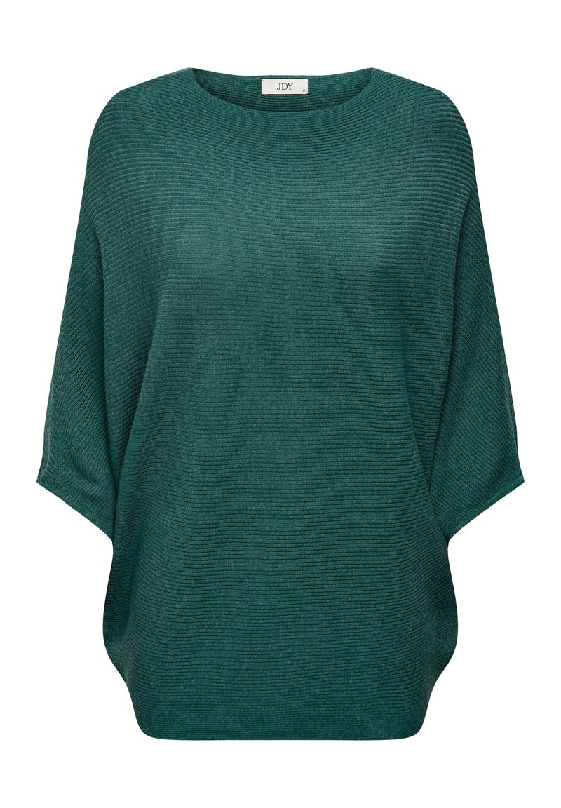 Pull en maille côtelée vert foncé avec col bateau large, coupe ample et manches chauve-souris courtes.