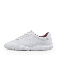 White leather sneaker with perforated design, round toe, and textured rubber outsole. Features flat laces and soft suede lining at the collar.
