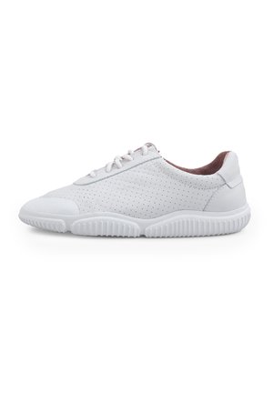White leather sneaker with perforated design, round toe, and textured rubber outsole. Features flat laces and soft suede lining at the collar.